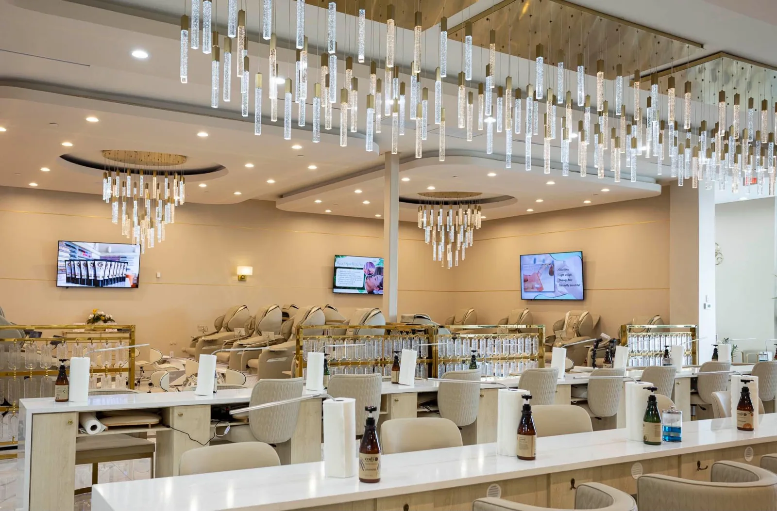 Manicure bar beneath the crystal chandeliers